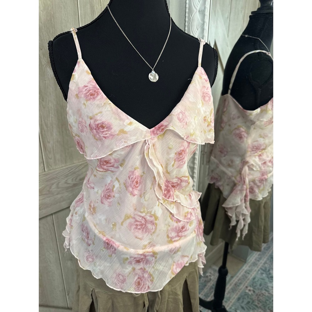 Y2K Style Fairycore Pink Floral Ruffle Cami Top - Large